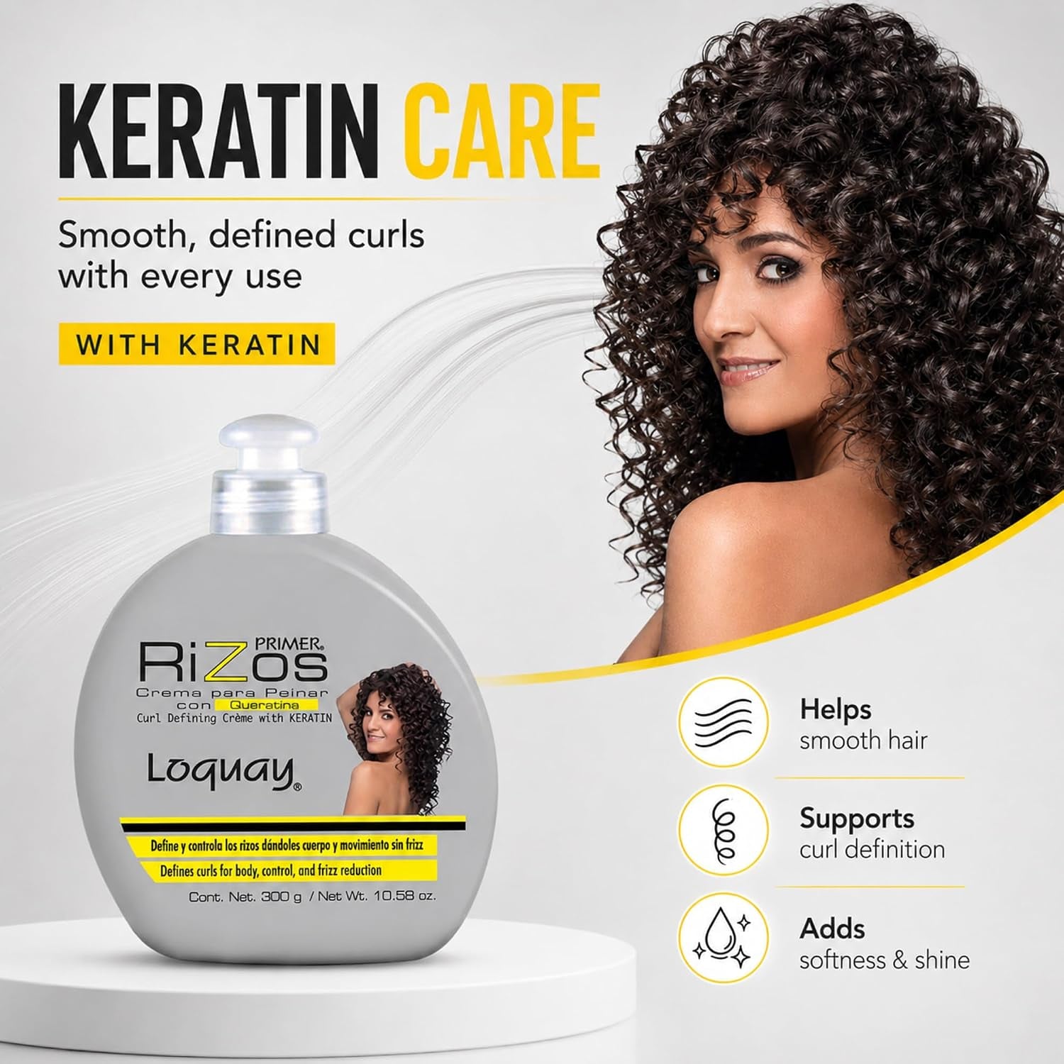 Loquay Primer Rizos Keratin Hair Cream 10.58 Oz - Hair Styling Products for Smooth Finish - Crema Para Peinar Con Queratina - Professional Styling Cream for Manageable Hair