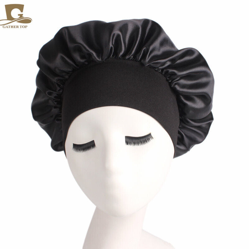 Women Satin Night Sleep Cap Hair Bonnet Hat Silk Head Cover Wide Elastic Band
