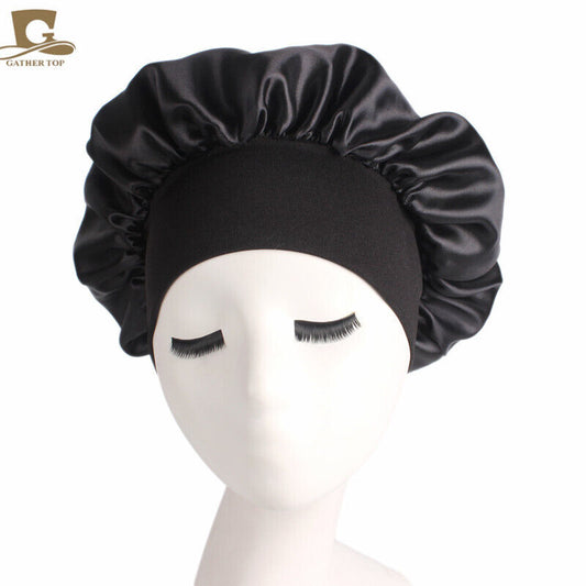 Women Satin Night Sleep Cap Hair Bonnet Hat Silk Head Cover Wide Elastic Band