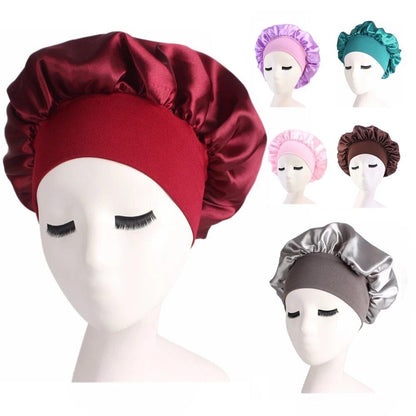 Women Satin Night Sleep Cap Hair Bonnet Hat Silk Head Cover Wide Elastic Band
