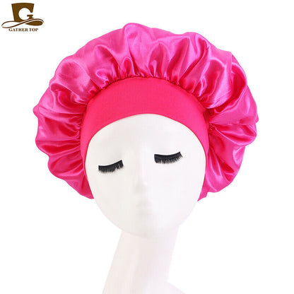 Women Satin Night Sleep Cap Hair Bonnet Hat Silk Head Cover Wide Elastic Band