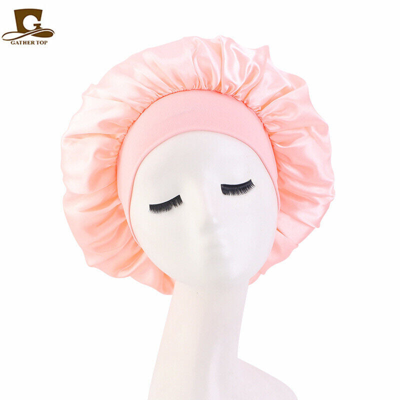 Women Satin Night Sleep Cap Hair Bonnet Hat Silk Head Cover Wide Elastic Band