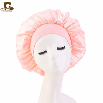 Women Satin Night Sleep Cap Hair Bonnet Hat Silk Head Cover Wide Elastic Band