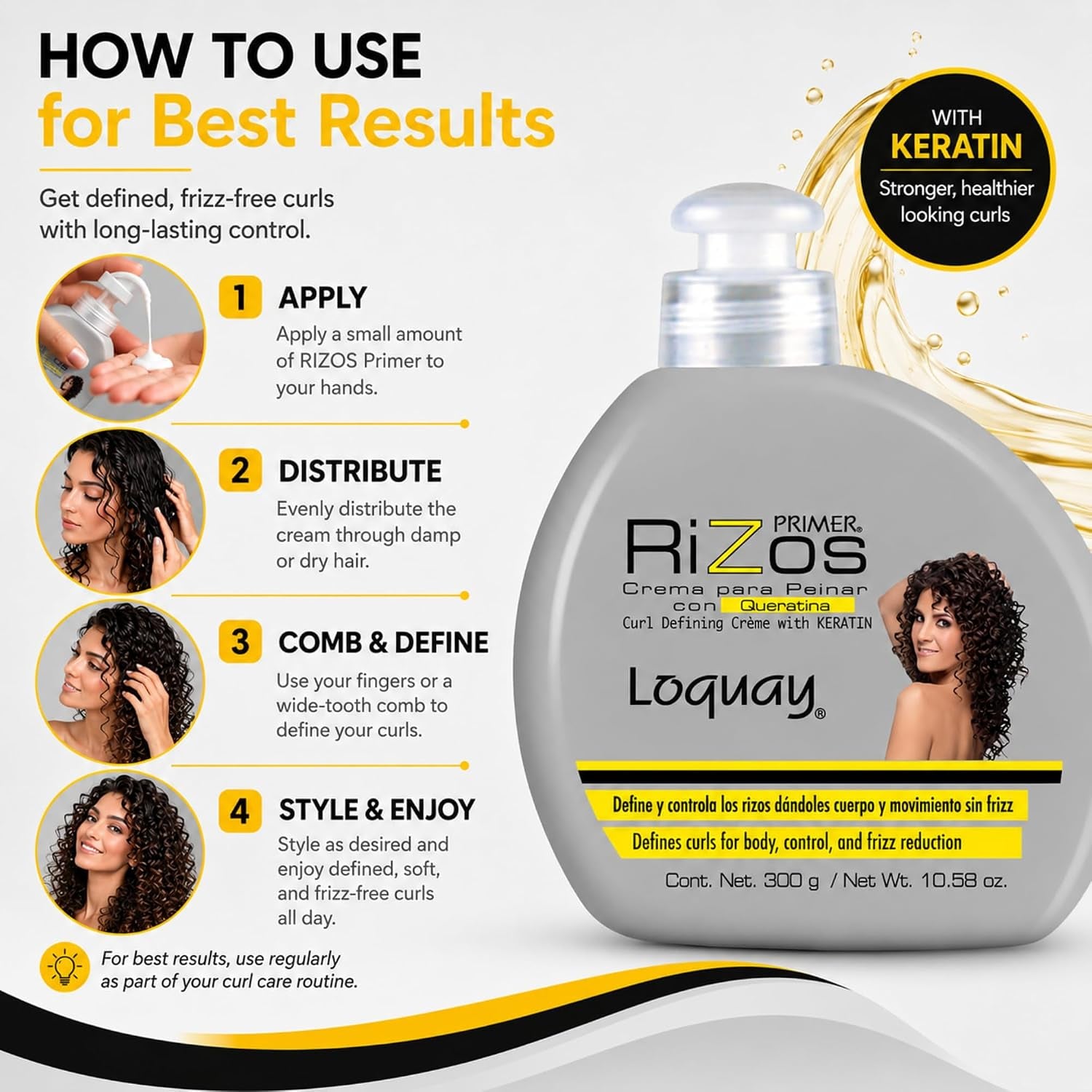 Loquay Primer Rizos Keratin Hair Cream 10.58 Oz - Hair Styling Products for Smooth Finish - Crema Para Peinar Con Queratina - Professional Styling Cream for Manageable Hair