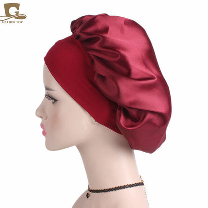 Women Satin Night Sleep Cap Hair Bonnet Hat Silk Head Cover Wide Elastic Band