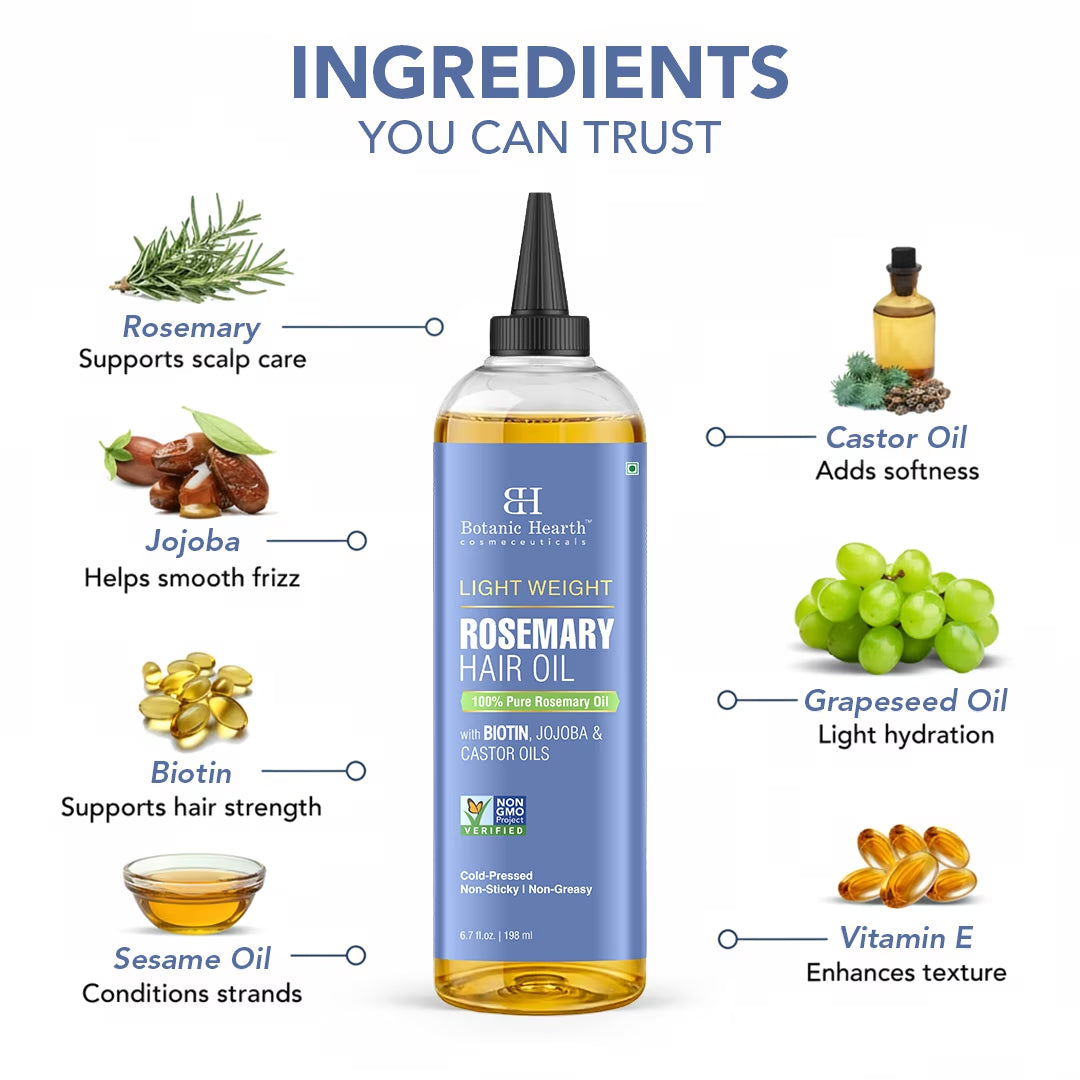 Rosemary Hair Oil | 6.7 Fl Oz | Lightweight Non-Greasy Oil for Fine & Thin Hair | with Rosemary, Castor Oil & Biotin | Smooths Frizz & Adds Shine | Daily Use for Men & Women