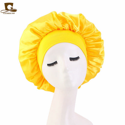 Women Satin Night Sleep Cap Hair Bonnet Hat Silk Head Cover Wide Elastic Band