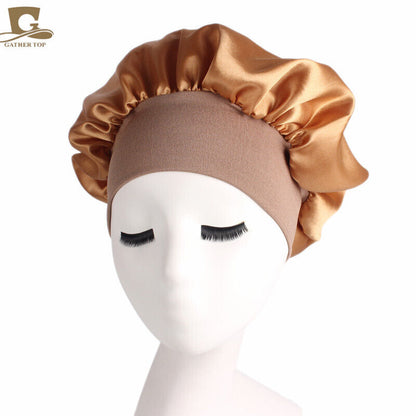 Women Satin Night Sleep Cap Hair Bonnet Hat Silk Head Cover Wide Elastic Band
