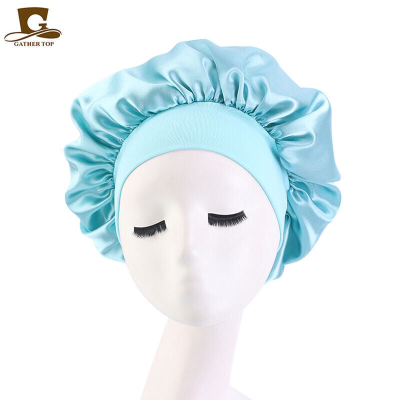 Women Satin Night Sleep Cap Hair Bonnet Hat Silk Head Cover Wide Elastic Band
