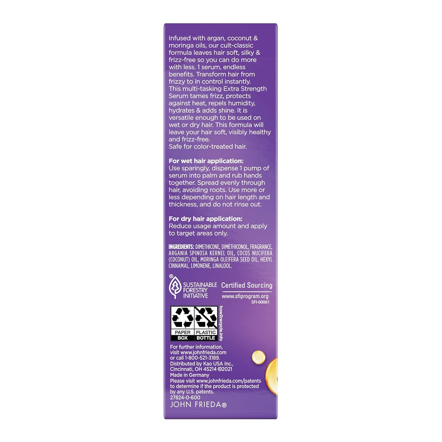 Frizz Ease Extra Strength Hair Serum, Instantly Smooths for Healthy, Hydrated, Frizz-Free Hair, for Thick and Coarse Hair, with Argan, Coconut, and Moringa Oil for Heat Protection, 1.69 Oz