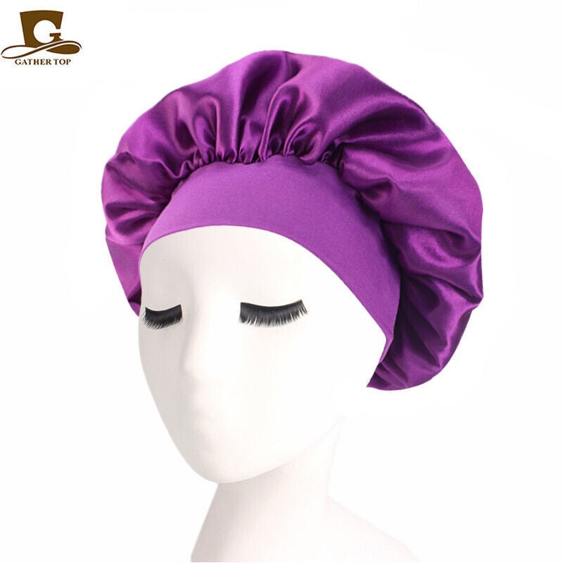 Women Satin Night Sleep Cap Hair Bonnet Hat Silk Head Cover Wide Elastic Band