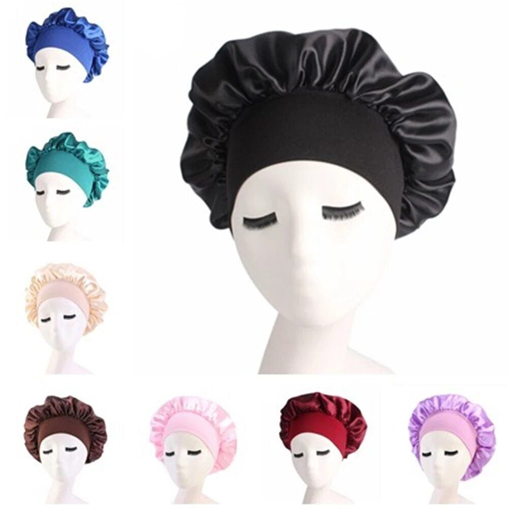 Women Satin Night Sleep Cap Hair Bonnet Hat Silk Head Cover Wide Elastic Band