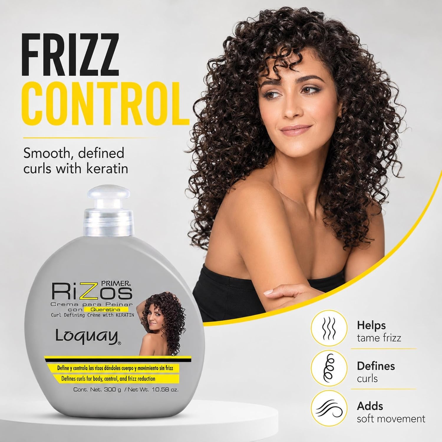 Loquay Primer Rizos Keratin Hair Cream 10.58 Oz - Hair Styling Products for Smooth Finish - Crema Para Peinar Con Queratina - Professional Styling Cream for Manageable Hair