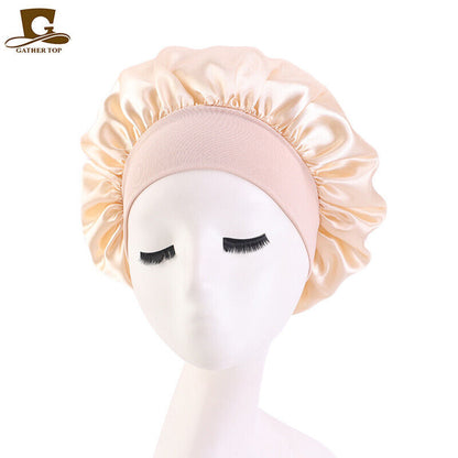 Women Satin Night Sleep Cap Hair Bonnet Hat Silk Head Cover Wide Elastic Band