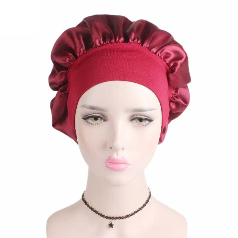 Women Satin Night Sleep Cap Hair Bonnet Hat Silk Head Cover Wide Elastic Band