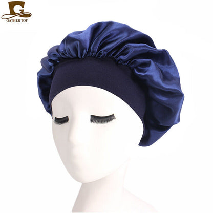 Women Satin Night Sleep Cap Hair Bonnet Hat Silk Head Cover Wide Elastic Band