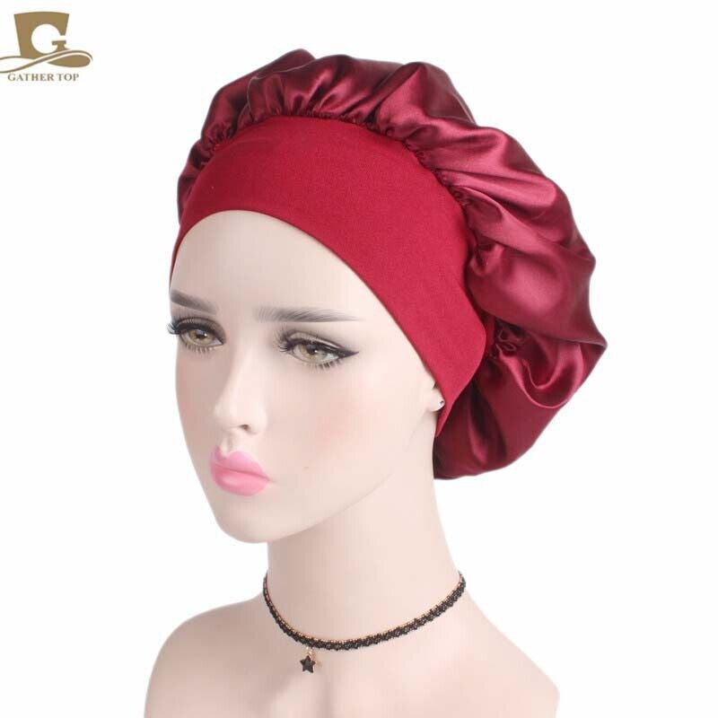 Women Satin Night Sleep Cap Hair Bonnet Hat Silk Head Cover Wide Elastic Band