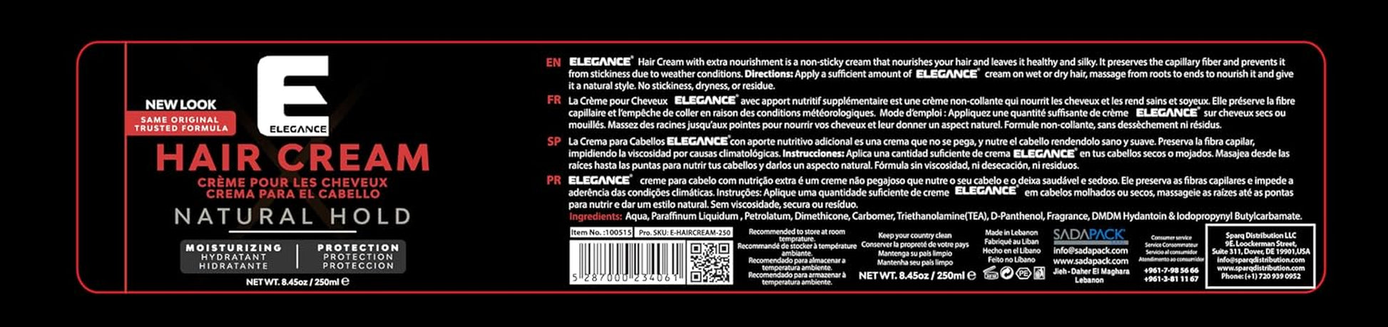 Elegance Hair Cream, 8.45 Oz, Hair Cream That Nourishes, Protects and Deeply Moisturizes Your Hair, Suitable for All Hair Types