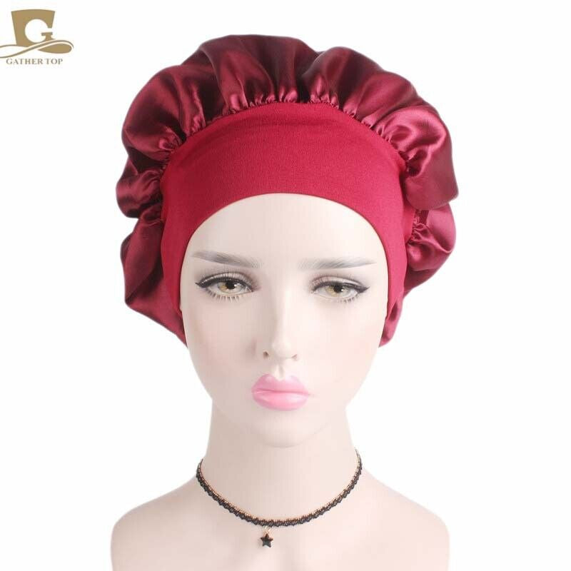 Women Satin Night Sleep Cap Hair Bonnet Hat Silk Head Cover Wide Elastic Band