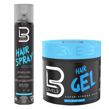 - Level 3 Hair Gel & Hair Spray Kit - Super Strong Hold - Flake Free - Long Lasting Shine - Great for Men and Women - Strong Hold Hair Spray (Hair Gel & Hair Spray)