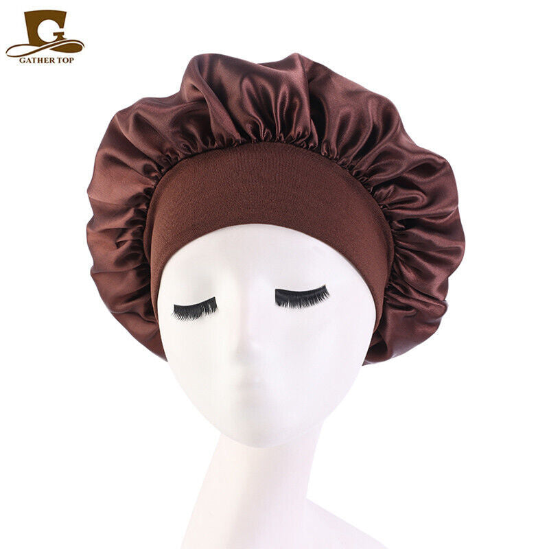 Women Satin Night Sleep Cap Hair Bonnet Hat Silk Head Cover Wide Elastic Band