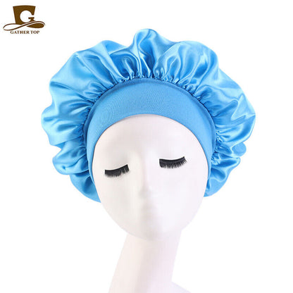 Women Satin Night Sleep Cap Hair Bonnet Hat Silk Head Cover Wide Elastic Band