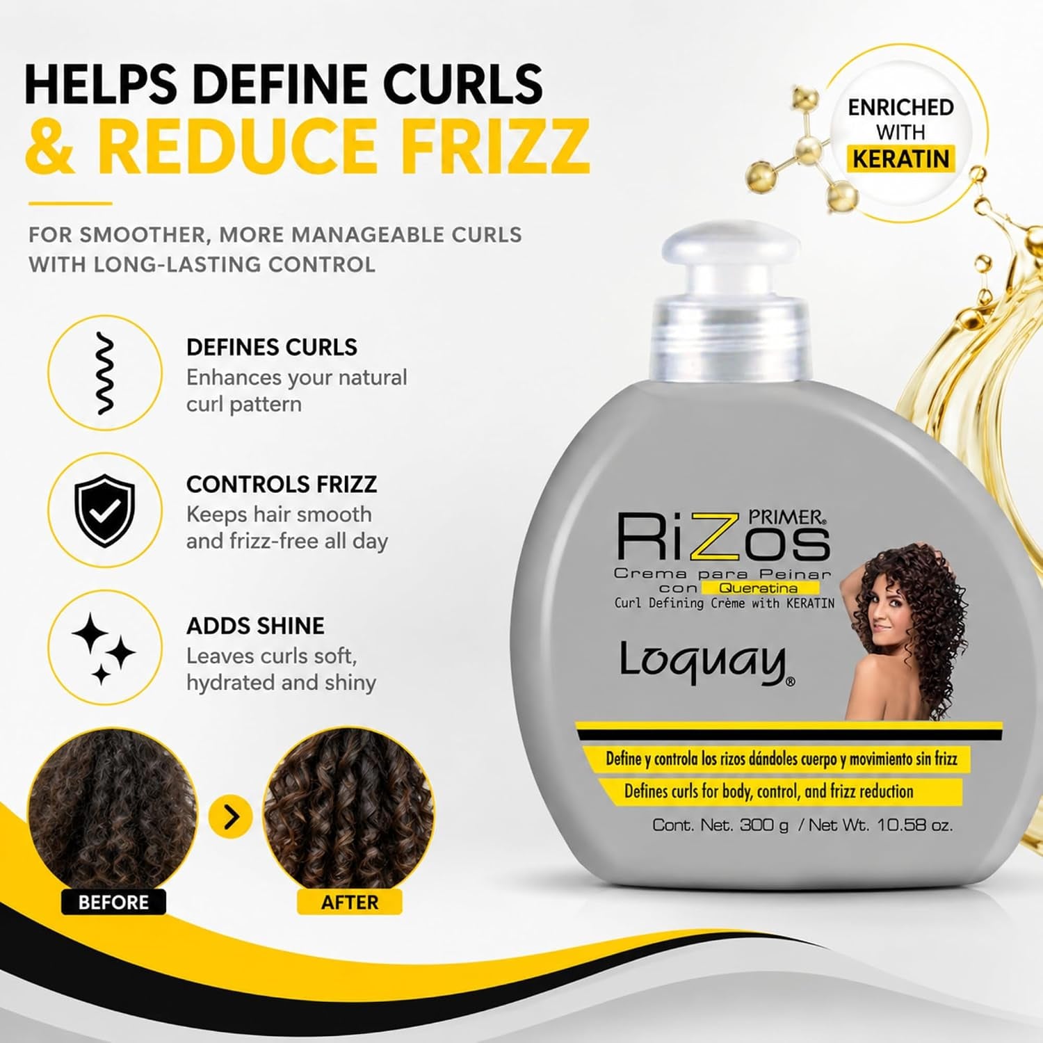 Loquay Primer Rizos Keratin Hair Cream 10.58 Oz - Hair Styling Products for Smooth Finish - Crema Para Peinar Con Queratina - Professional Styling Cream for Manageable Hair
